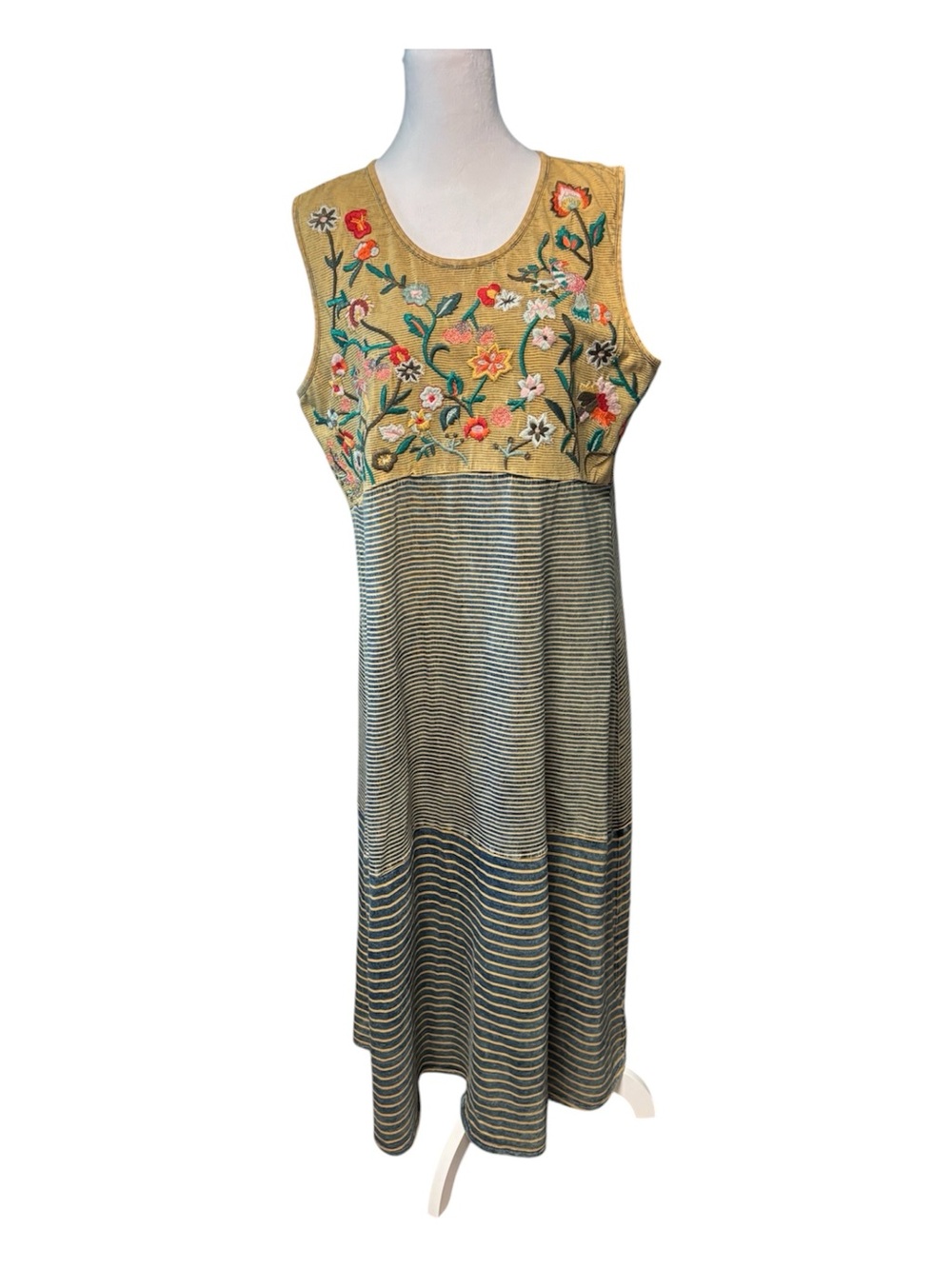 Coldwater Creek Gold Floral Embroidered Stripe Maxi Dress